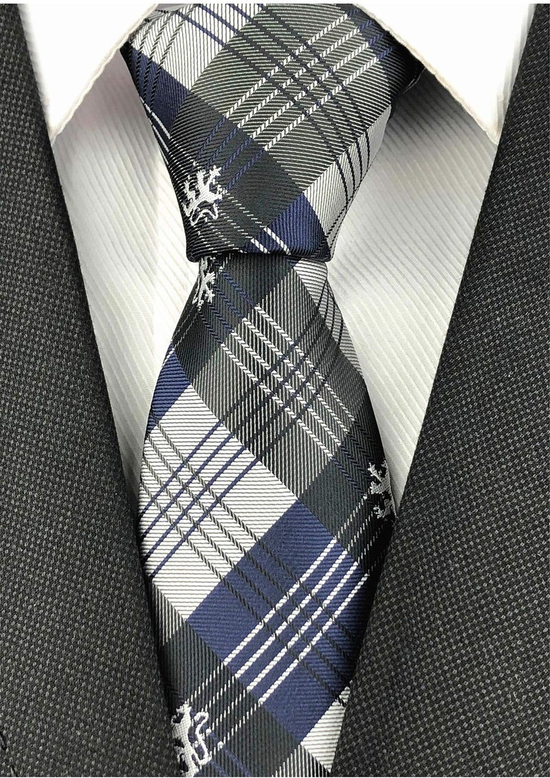 Ctskyte Slim Silk Necktie for Men Woven Jacquard Patterned Business Wedding Skinny Ties (Navy Grey Check, One Size) - Image 2